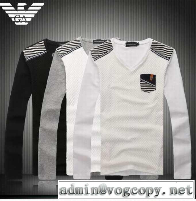 2014秋冬 首胸ロゴ armani アルマーニ vネック 長袖 tシャツ 3色可選
