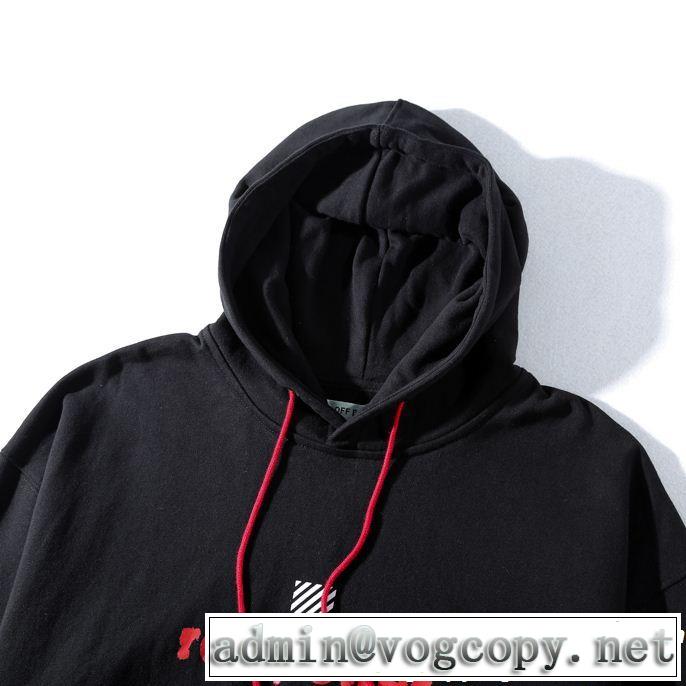 【18AW/早期完売】オフホワイト偽物Off-White超激得定番プリントメンズフード付きプルオーバーパーカーブラック、ホワイト