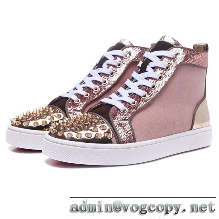 主役級のアイテムChristian Louboutinルブタンコピーハイカットスニーカースパイクピンクスパンコール付き人気靴