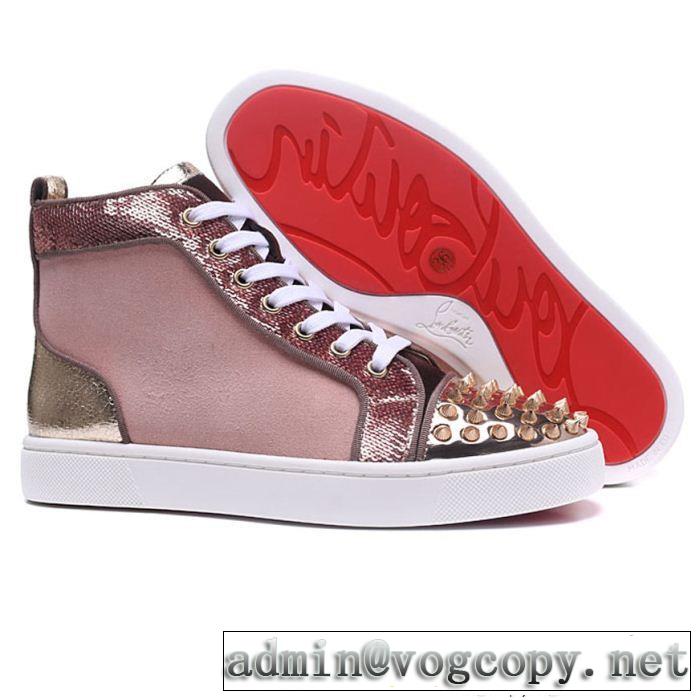 主役級のアイテムChristian Louboutinルブタンコピーハイカットスニーカースパイクピンクスパンコール付き人気靴