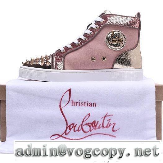 主役級のアイテムChristian Louboutinルブタンコピーハイカットスニーカースパイクピンクスパンコール付き人気靴
