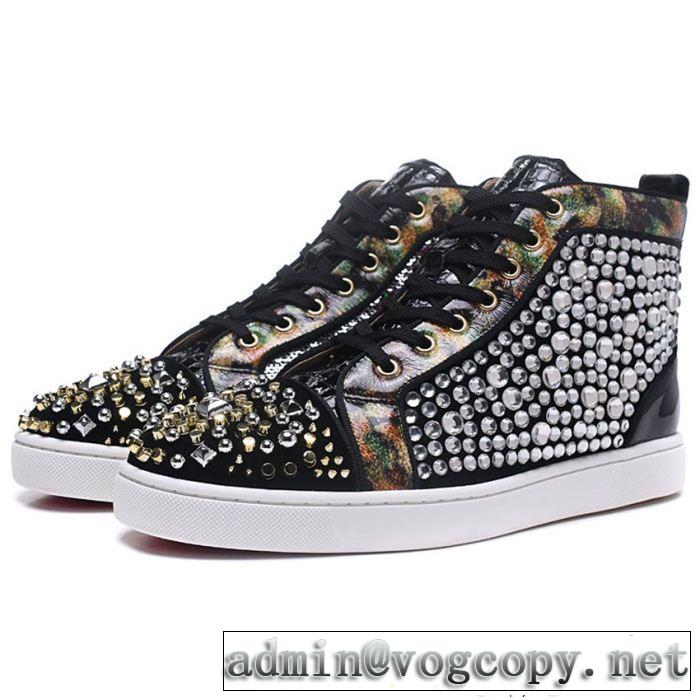 お洒落Christian Louboutinルブタン偽物ブラックのスパイク付きメンズハイカット爆買い最新作シューズスニーカー靴