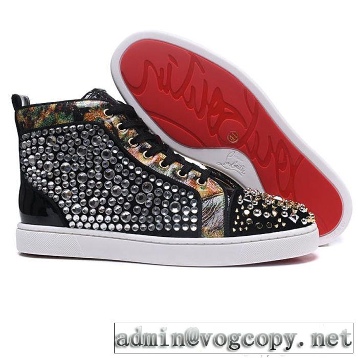 お洒落Christian Louboutinルブタン偽物ブラックのスパイク付きメンズハイカット爆買い最新作シューズスニーカー靴