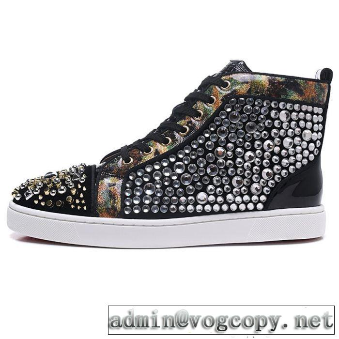 お洒落Christian Louboutinルブタン偽物ブラックのスパイク付きメンズハイカット爆買い最新作シューズスニーカー靴