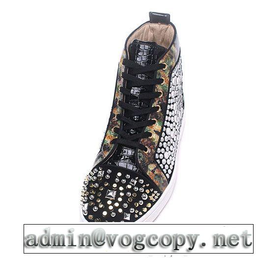 お洒落Christian Louboutinルブタン偽物ブラックのスパイク付きメンズハイカット爆買い最新作シューズスニーカー靴
