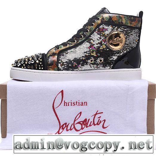 お洒落Christian Louboutinルブタン偽物ブラックのスパイク付きメンズハイカット爆買い最新作シューズスニーカー靴