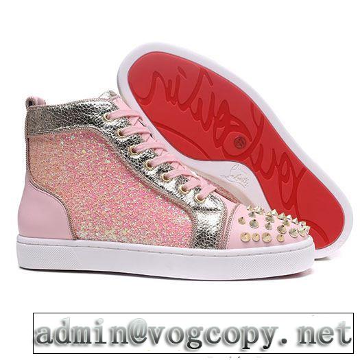 シーンで活躍するルブタン偽物Christian Louboutinレディースハイカットスニーカースパイク付きピンク透気快適な履き心地シューズ