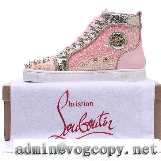 シーンで活躍するルブタン偽物Christian Louboutinレディースハイカットスニーカースパイク付きピンク透気快適な履き心地シューズ