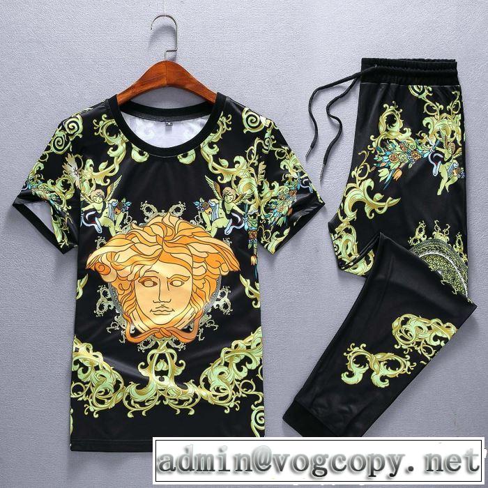  お洒落トレンド人気 半袖 上下セット 2019夏ファション新品 VERSACE 新作限定めっちゃ綺麗色ヴェルサーチ