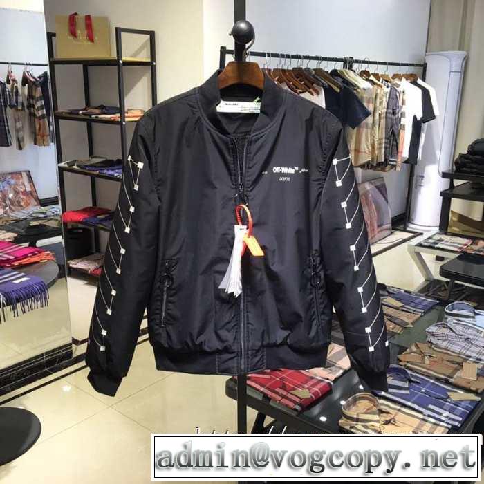 秋冬人気の定番トレンドオフホワイト ジャケットコピー激安Off white printed varsity jacketおしゃれナイロンジャケットコーデ