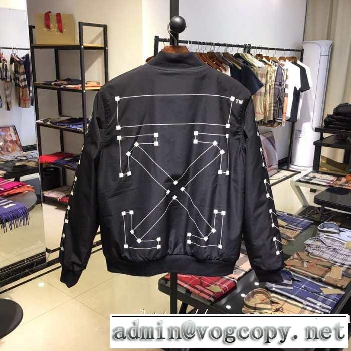 秋冬人気の定番トレンドオフホワイト ジャケットコピー激安Off white printed varsity jacketおしゃれナイロンジャケットコーデ