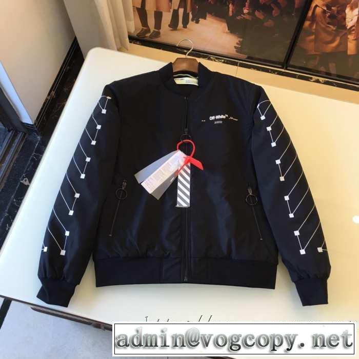秋冬人気の定番トレンドオフホワイト ジャケットコピー激安Off white printed varsity jacketおしゃれナイロンジャケットコーデ
