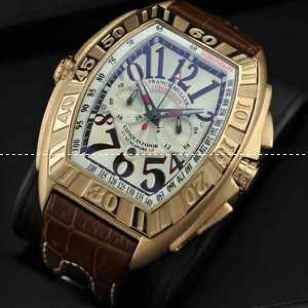 大活躍FRANCK MULLER  フランクミュラー メンズ腕時計 日本製クオーツ 5針 日付表示 夜光効果 ゴールド レザー