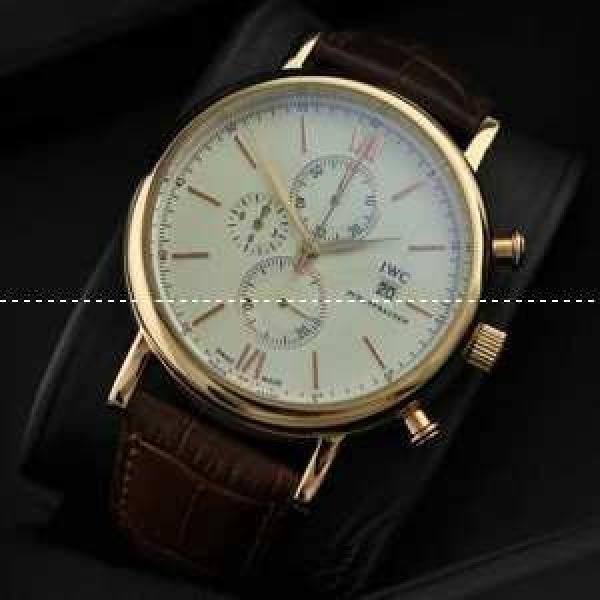 IWC クオーツ メンズ腕時計　日本製クオーツ 6針クロノグラフ ホワイト文字盤 日付表示 レザーベルト 48mm