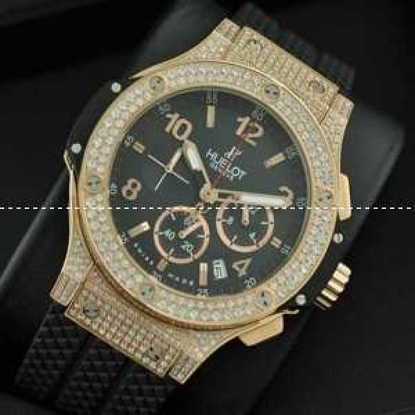 Hublotウブロ メンズ腕時計 日本製クオーツVK 日付表示 ラバー サファイヤクリスタル風防 ダイヤベゼル ゴールド