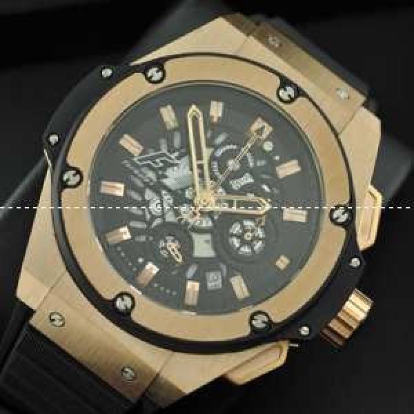 日本製クオーツ Hublotウブロ メンズ腕時計 5針クロノグラフ 日付表示 ゴールド 44.8MM