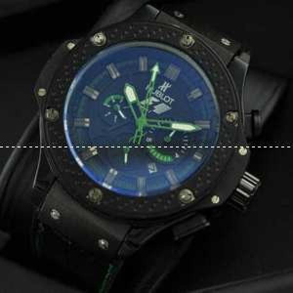 自動巻き 6針クロノグラフ Hublotウブロ メンズ腕時計 日付表示 サファイヤクリスタル風防 ラバー ブラック