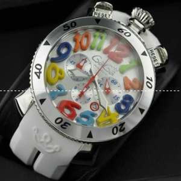 ガガ ミラノ マヌアーレ クロノ 48 SS(PVD) 銀色文字盤/マルチカラーインデックス クォーツ ラバー