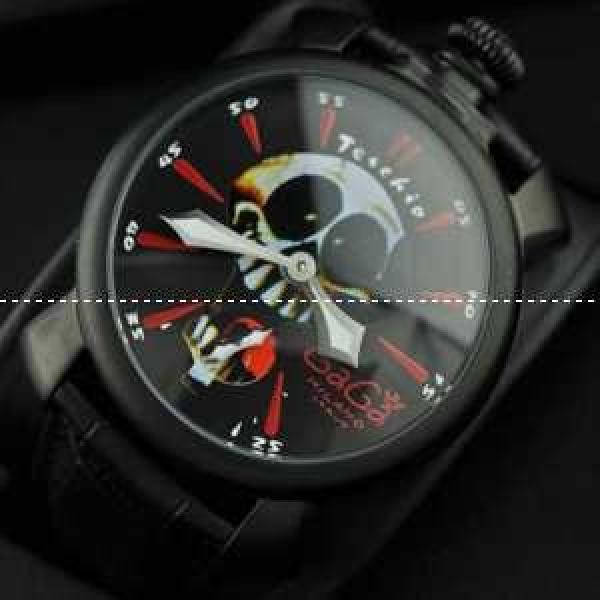 GaGaMILANO ガガミラノ腕時計 日本製クオーツ 2針 機械式（手巻き）/夜光効果 ブラック レザー