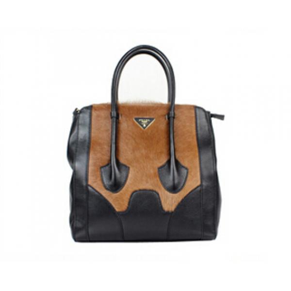 カワイイ prada トートバッグ コピーハンドバッグ レザー×馬毛 ブラック×ブラウン