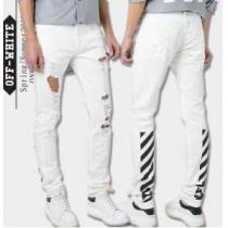 ファッション オフホワイトデニムパンツ OFF-WHITE メンズプリントディテ...