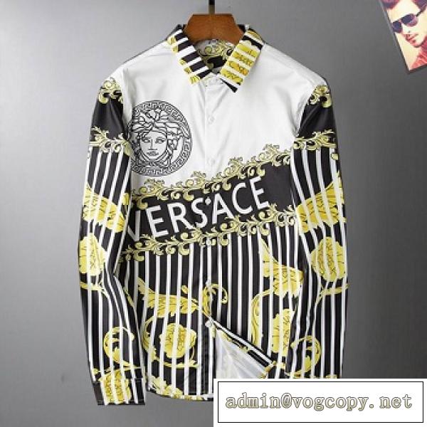 お得評判高い VERSACE ヴェルサーチ コピー 長袖シャツ ストライプ モチーフプリント 大胆な色使い