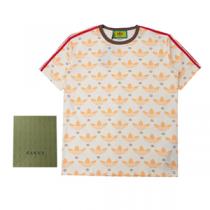 注目コラボ★adidas x Gucc1 ハイブランド半袖 偽物 コットンジャージーTシャツ ロゴプリント 男女兼用