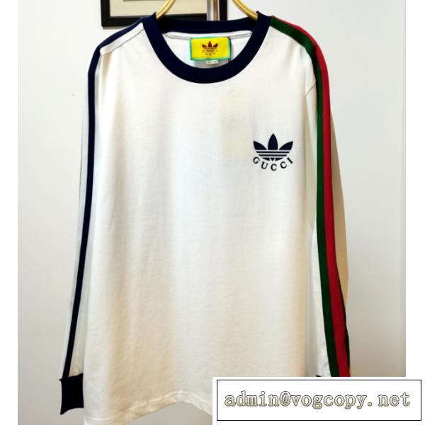 日本未入荷☆GUCC1×adidasコラボ長袖Tシャツブランドスーパーコピー激安入手困難ロングｔ人気アイテムネイビー白色