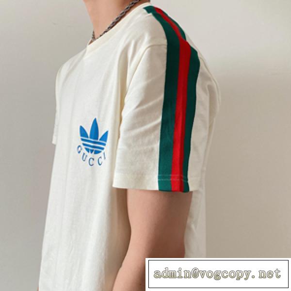 ■Gucc1×Adidas■ 高品質ブランドコピー 品 トレフォイルプリントTシャツ 白のコットンジャージー 男女兼用