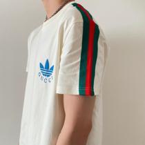 ■Gucc1×Adidas■ 高品質ブランドコピー 品 トレフォイルプリントTシャツ 白のコットンジャージー 男女兼用