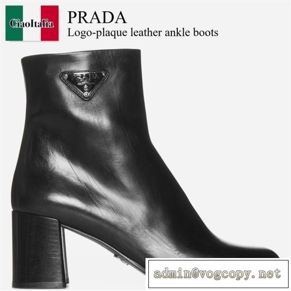 プラダブーツコピーPrada Logo-Plaque Leather Ankle Boots使いやすい最高品質レディース新作