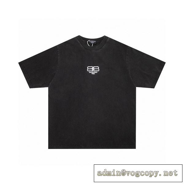 BALENCIAGA 偽物 半袖Tシャツ ダブルB刺繍 バレンシアガ ユーズド加工 ブラック速乾性 落ち感 春の愛され