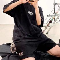 BALENCIAGA 偽物 半袖Tシャツ ダブルB刺繍 バレンシアガ ユーズド加工 ブラック速乾性 落ち感 春の愛され