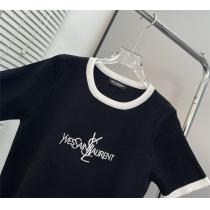 イヴ・サンローラン コピー ロゴ刺繍 半袖セーター 弾力性高い 快適感 Saint Laurent 女性らしい柔らかさが出ます