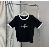 イヴ・サンローラン コピー ロゴ刺繍 半袖セーター 弾力性高い 快適感 Saint Laurent 女性らしい柔らかさが出ます