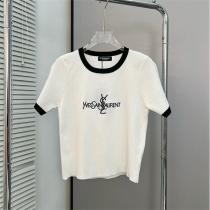 イヴ・サンローラン コピー ロゴ刺繍 半袖セーター 弾力性高い 快適感 Saint Laurent 女性らしい柔らかさが出ます