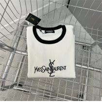 イヴ・サンローラン コピー ロゴ刺繍 半袖セーター 弾力性高い 快適感 Saint Laurent 女性らしい柔らかさが出ます