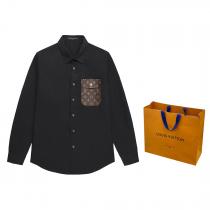 23春夏 LOUIS VUITTON コピー シャツ 定番モノグラム 牛革の胸ポケット 真っ黒 こなれ感 ルイヴィトン