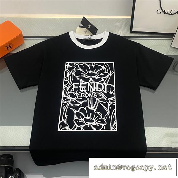 23ss FENDI 偽物 Ｔシャツ フェンディ 半袖 版画デザイン 黒白