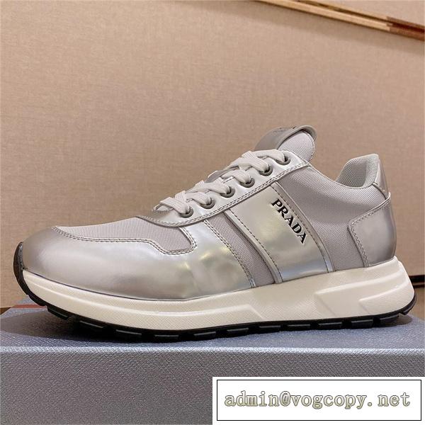 ★2026★ PRADA コピー スニーカー プラダ カジュアル メタリックカラー グレー 