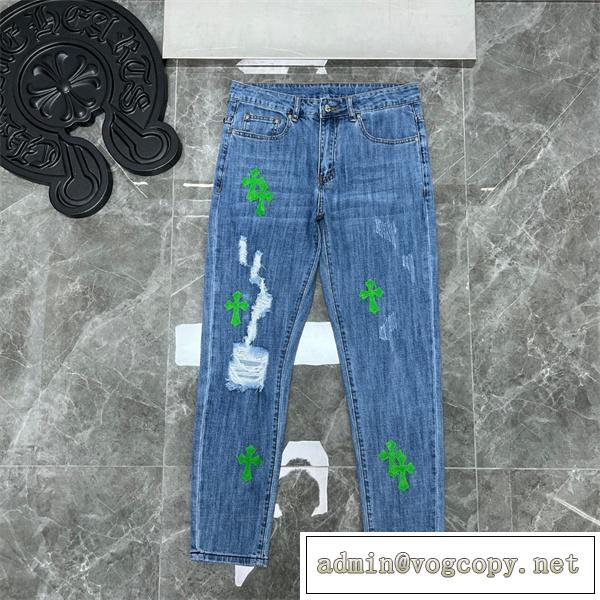 春らしい色★★CHROME HEARTS スーパーコピー ジーンズ クロムハーツ デニム クロスロゴ ダメージ加工