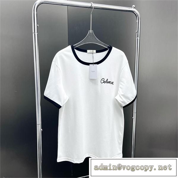 ☆おすすめの春夏コーデ☆CELINE コピー Tシャツ 刺繡 純綿生地 セリーヌ 立体ロゴ カジュアル 