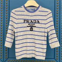 素晴らしい！プラダ スーパーコピー ニット半袖 クルーネック Tシャツ 刺繍ロゴ付き PRADA レディース
