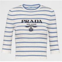 素晴らしい！プラダ スーパーコピー ニット半袖 クルーネック Tシャツ 刺繍ロゴ付き PRADA レディース