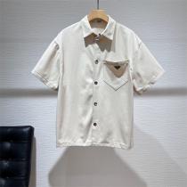 【メンズライクな印象】PRADA コピー 半袖シャツ 金属三角ロゴ オーバーサイズ 綿麻生地 プラダ