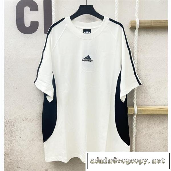 おすすめ2026人気コラボ バレンシアガ 偽物 Tシャツ BALENCIAGAｘAdidas ストライプ柄 刺繡ロゴ 
