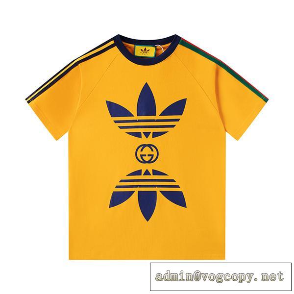 お洒落心をくすぐられる GUCC1 コピー Tシャツ GUCC1xAdidas イエロー ストライプスロゴプリント