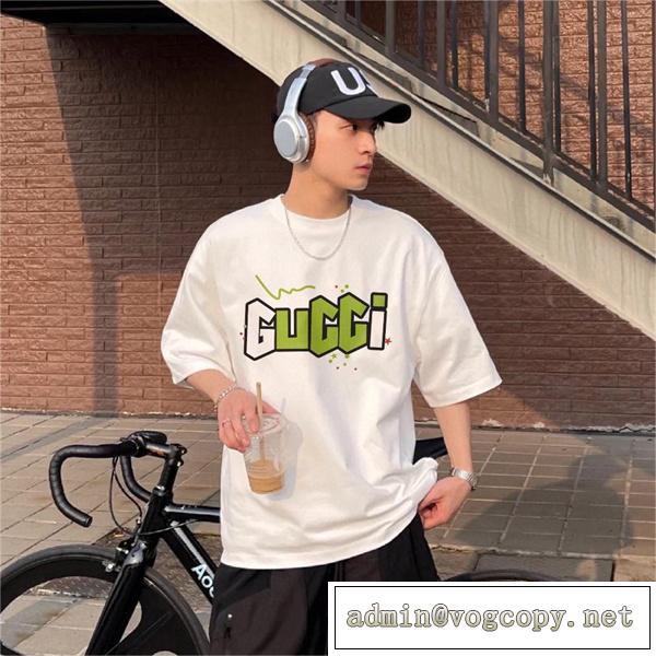 ストリートスタイル★GUCC1 偽物 Ｔシャツ ロゴプリント ネオングリーン コットン 柔らかく生地