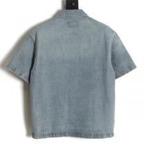 絶対にオシャレに見える プラダ スーパーコピー PRADA 半袖 シャツ デニム 三角ロゴ 刺繡ロゴ 水洗い処理 
