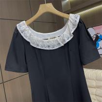 フレンチエレガント♥MIUMIU スーパーコピー ワンピース レース襟 半袖 膝丈タイト ミュウミュウ 黒 